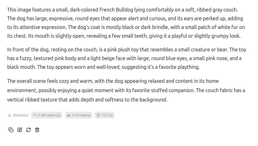 Output produced by 32b model: "This image features a small, dark-colored French Bulldog lying comfortably on a soft, ribbed gray couch. The dog has large, expressive, round eyes that appear alert and curious, and its ears are perked up, adding to its attentive expression. The dog’s coat is mostly black or dark brindle, with a small patch of white fur on its chest. Its mouth is slightly open, revealing a few small teeth, giving it a playful or slightly grumpy look. In front of the dog, resting on the couch, is a pink plush toy that resembles a small creature or bear. The toy has a fuzzy, textured pink body and a light beige face with large, round blue eyes, a small pink nose, and a black mouth. The toy appears worn and well-loved, suggesting it’s a favorite plaything. The overall scene feels cozy and warm, with the dog appearing relaxed and content in its home environment, possibly enjoying a quiet moment with its favorite stuffed companion. The couch fabric has a vertical ribbed texture that adds depth and softness to the background."