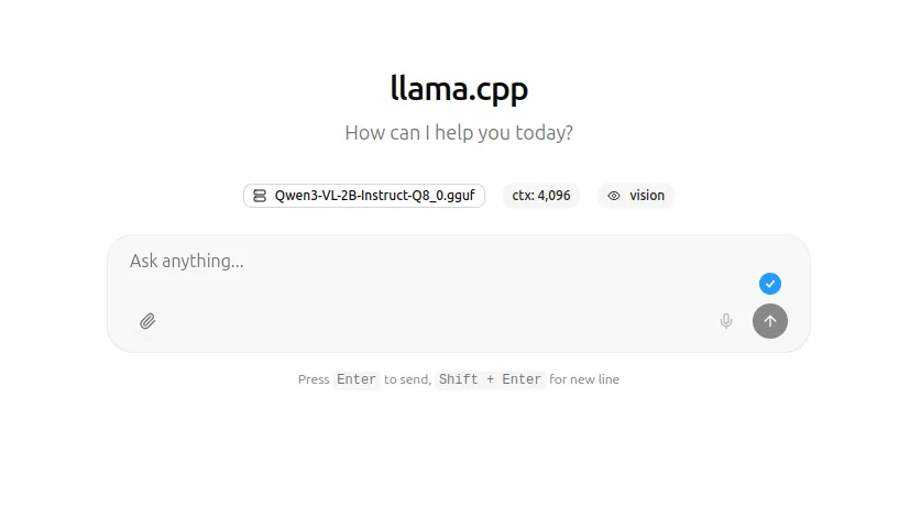 Screenshot showing the web interface for llama.cpp server, with a prompt and saying "How an I help you today?"