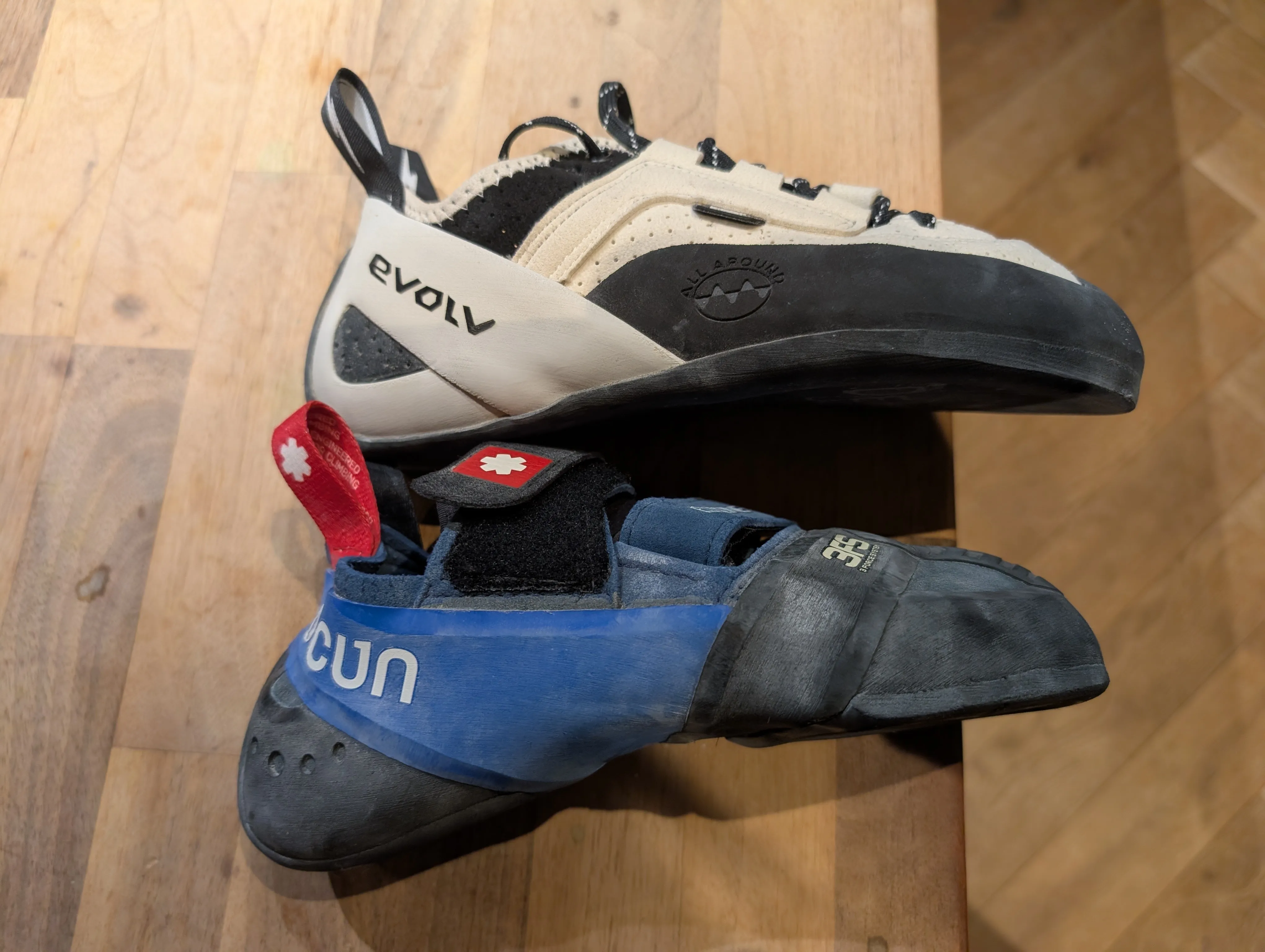 Both shoes compared - the blue and black shoe is the extra tight MF and the white and black one is my new pair that I love.